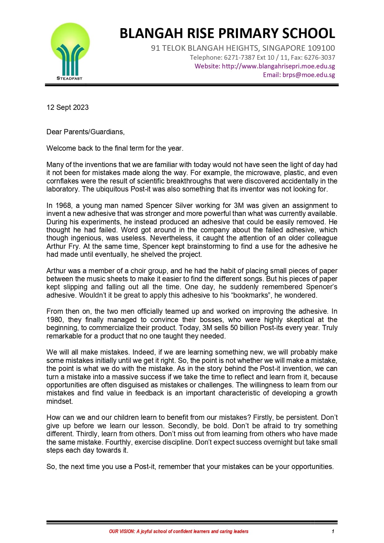 A formal letter from Blangah Rise Primary School dated 12 Sept 2023, addressed to parents about learning from mistakes.